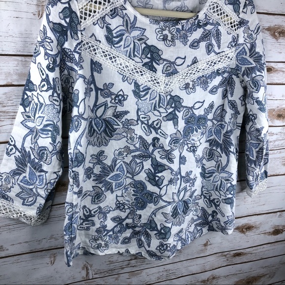 Elena Baldi Italy blue floral linen lace trim top - Picture 3 of 8